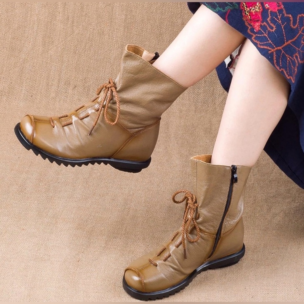 Clarsunny Women's Leather Casual‎ Soft Flat Khaki Lace-Up Boots